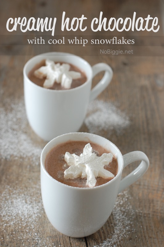 Creamy Hot Chocolate with Cool Whip Snowflakes
