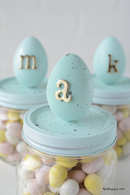 Monogrammed Speckled Easter Egg candy mason jars | Get the easy how to on NoBiggie.net