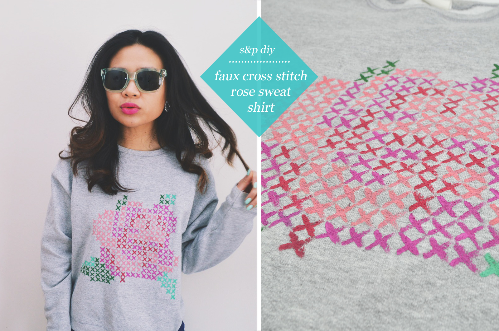 Faux Cross Stitch Rose Sweat Shirt | 25+ Cross-Stitch Style Craft Ideas