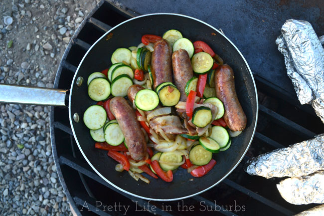 Campfire Sausage and Pepper Skillet| 25+ easy camping recipes