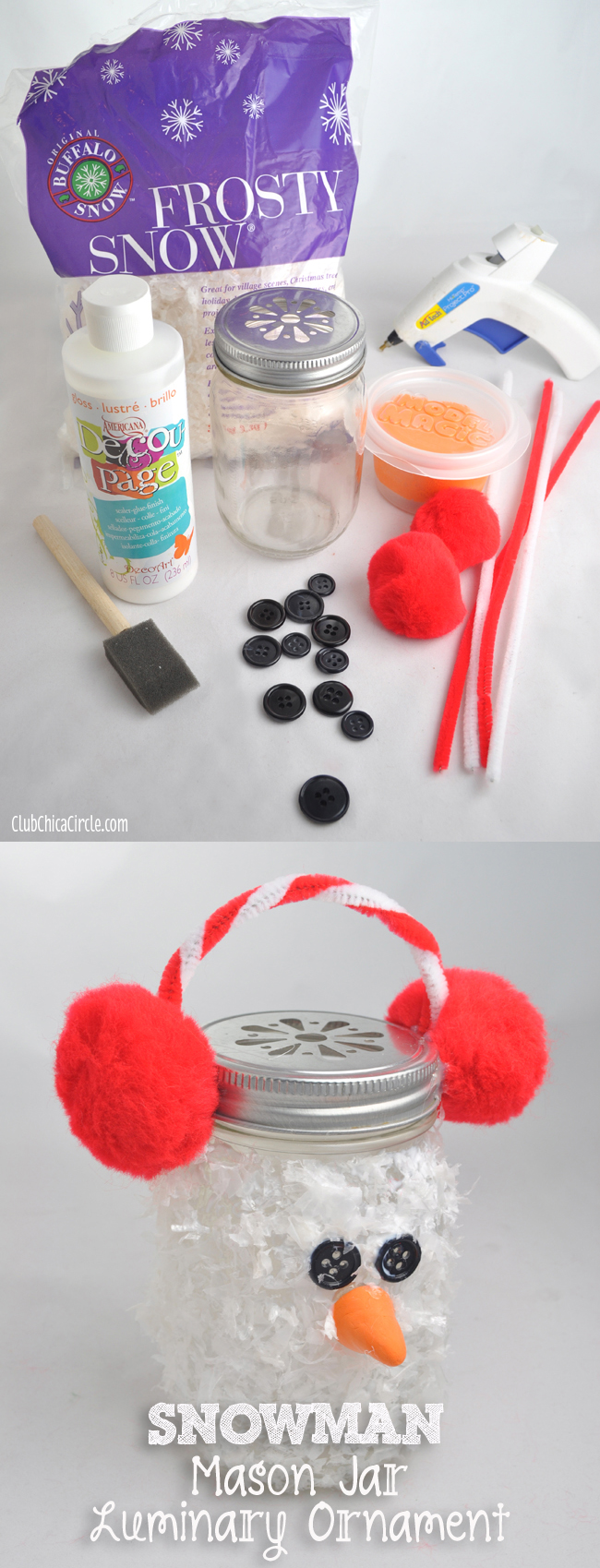 Snowman Mason Jar Luminary Ornament | 25+ snowman crafts and fun food ideas