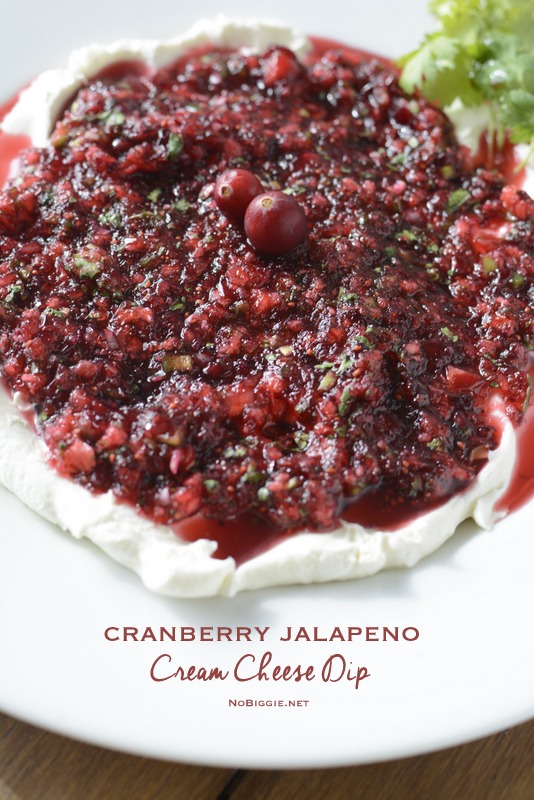 Cranberry jalapeño cream cheese dip. This dip is amazing! The perfect holiday party appetizer | recipe on NoBiggie.net