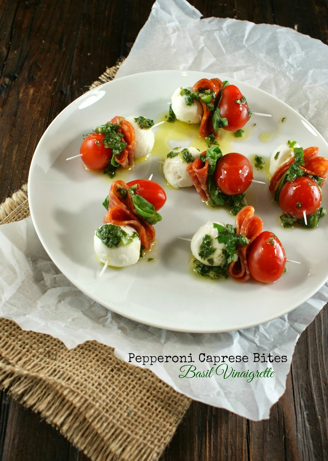 Pepperoni Caprese Bites with Basil Vinaigrette | 25+ Holiday Party Appetizers