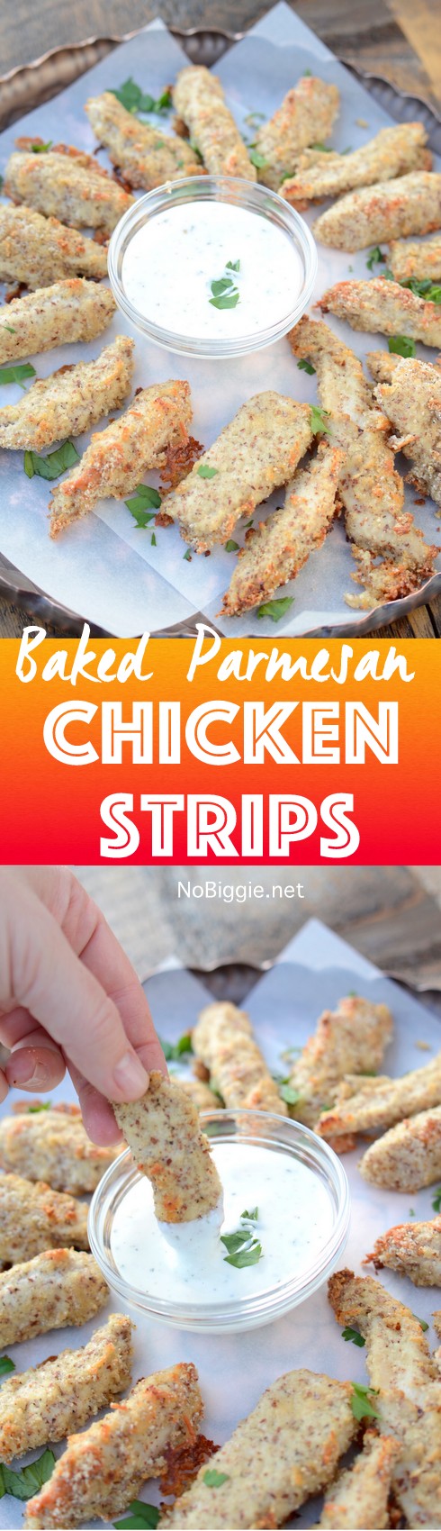 Baked Parmesan Chicken Strips - so crispy and delicious! | NoBiggie.net