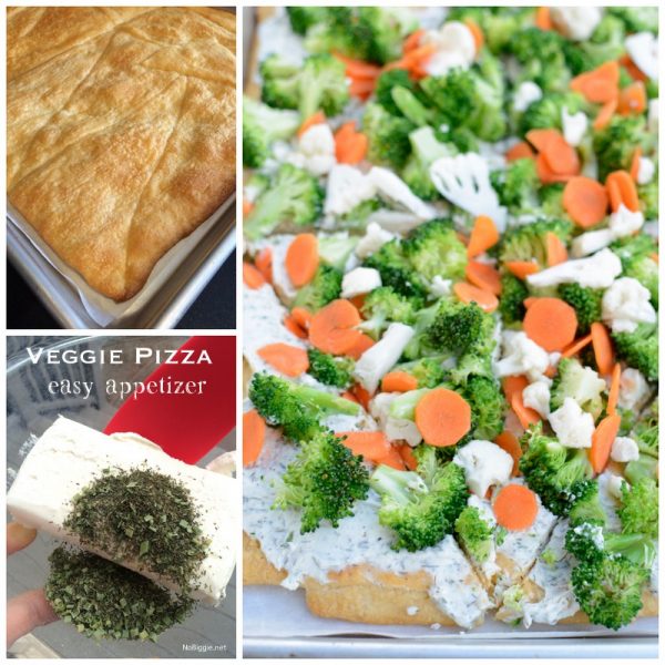 Easy Veggie Pizza Appetizer Crescent crust topped with ranch dip mixture then loaded with veggies. Perfect cold bite sized appetizer. | NoBiggie.net