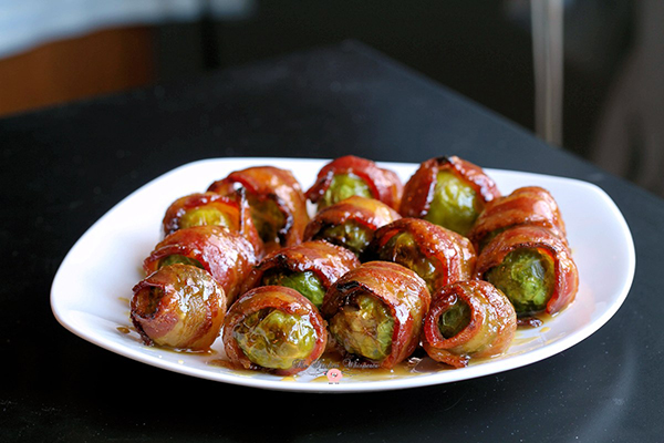 Candied Bacon Wrapped Brussels Maple Dijon | 25+ Brussels Sprout Recipes