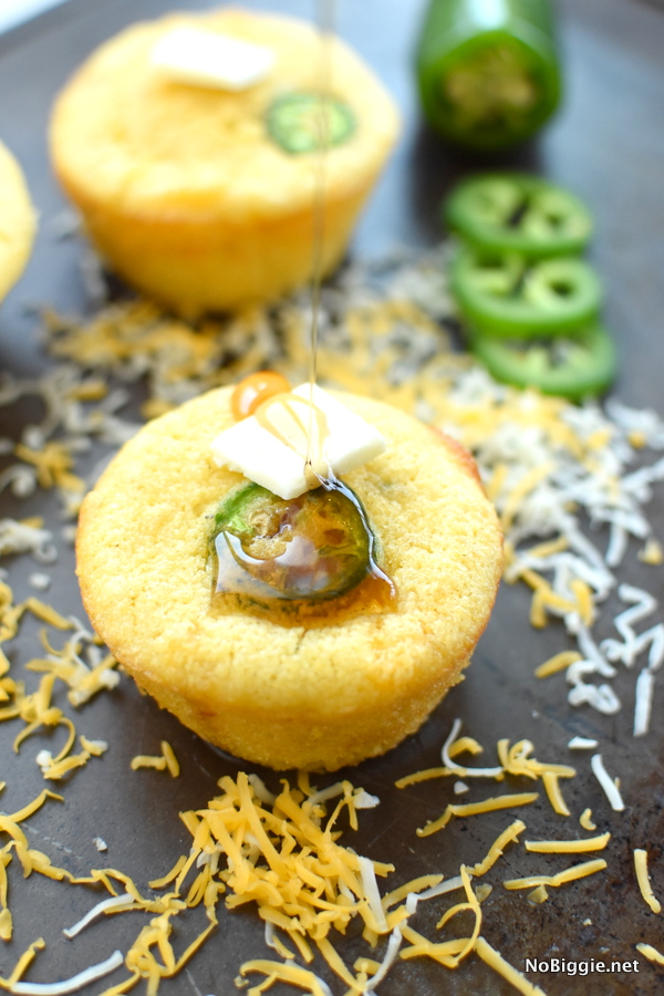 cheesy jalapeño cornbread muffins with honey and butter