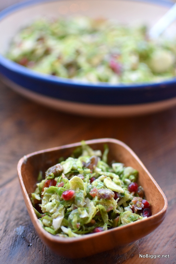 Shaved Brussels Sprouts Salad with pomegranate seeds